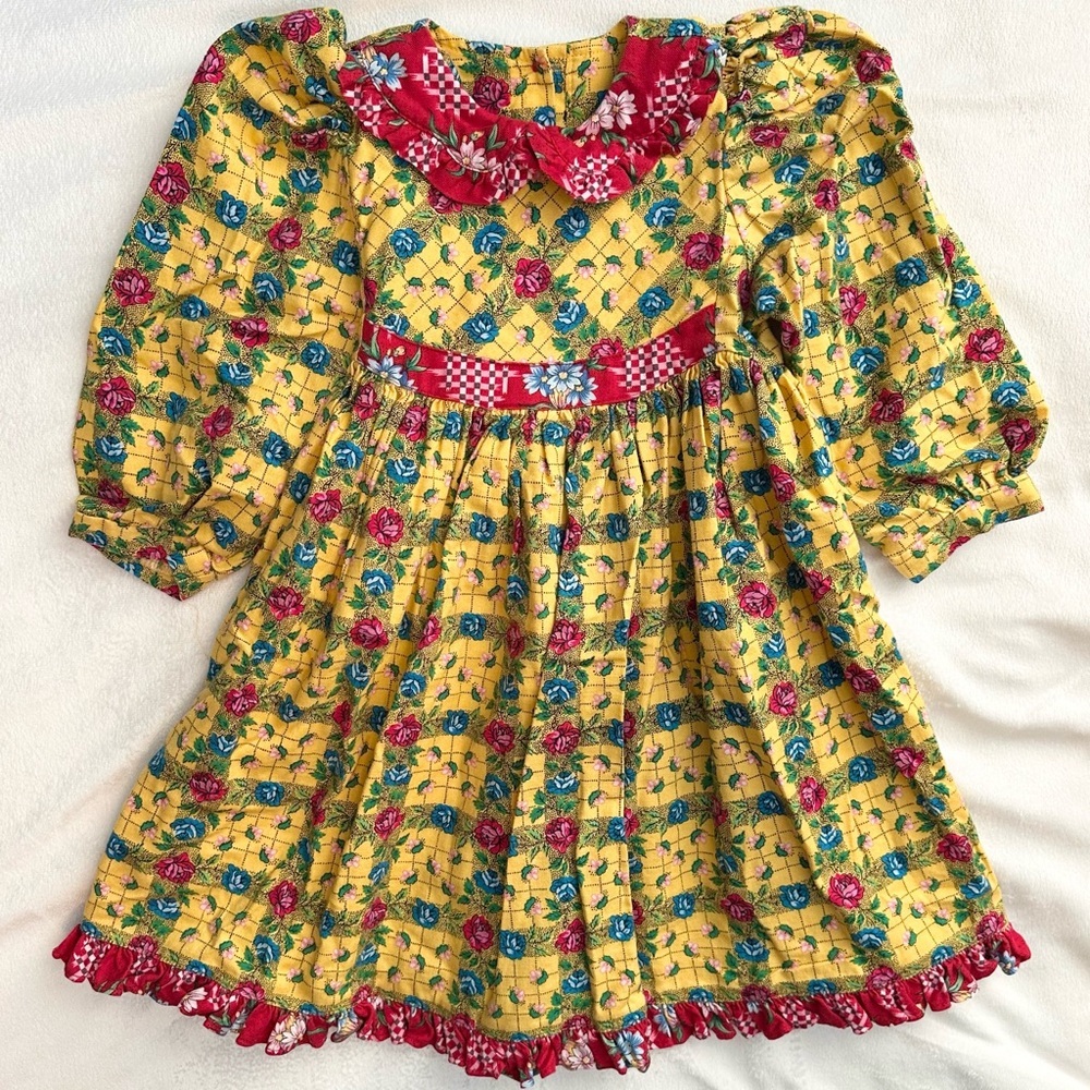 Vintage Mousefeathers Colorful Collar Dress 3T Toddler Girls Floral Plaid Yellow